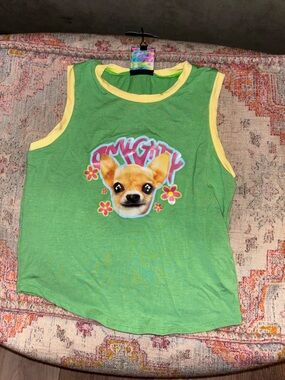 Omighty - Green Sleeveless Dog Graphic Tank with Yellow Trim